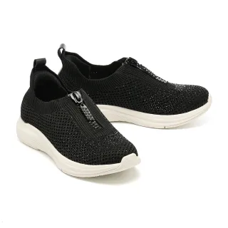 【MELROSE】美樂斯 率性時髦鑲鑽拉鍊飛織布厚底休閒鞋(黑)