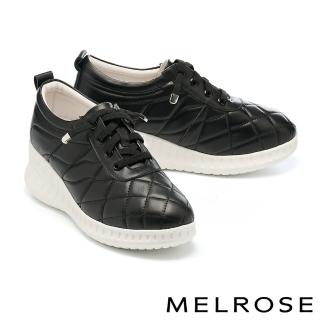 【MELROSE】美樂斯 日常舒適菱格全真皮彈力鞋帶厚底休閒鞋(黑)