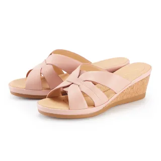 【MAGY】真皮皮革編織鏤空楔型涼鞋(粉色)