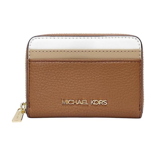 【Michael Kors】焦糖拿鐵拚色MK LOGO拉鍊零錢包短夾(35S4GTVD8L-LUGGAGE MULTI)