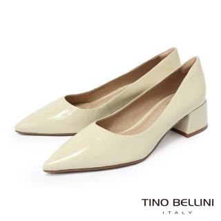 【TINO BELLINI 貝里尼】巴西漆真皮尖頭粗跟包鞋FSCV011A-R(米白)