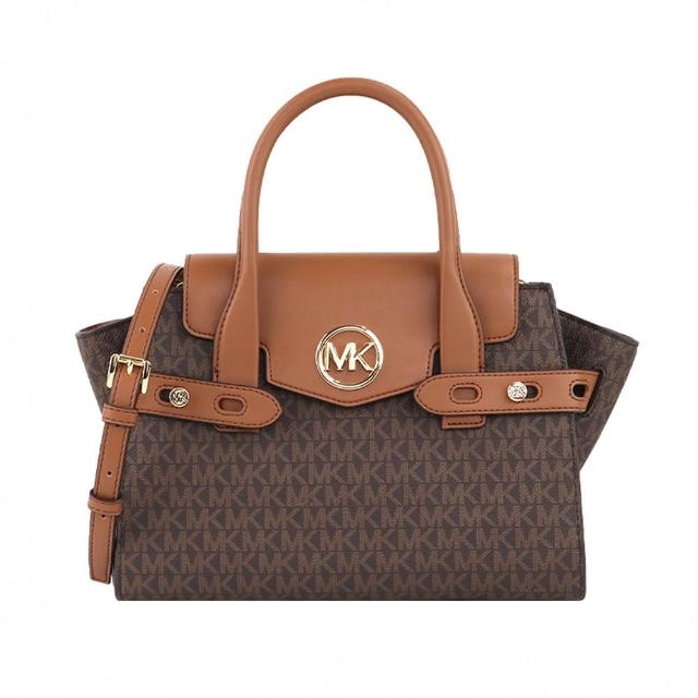 【Michael Kors】Carmen系列拿鐵咖啡系mk滿版logo手提斜肩背兩用包(35S2GNMS5B-BROWN)