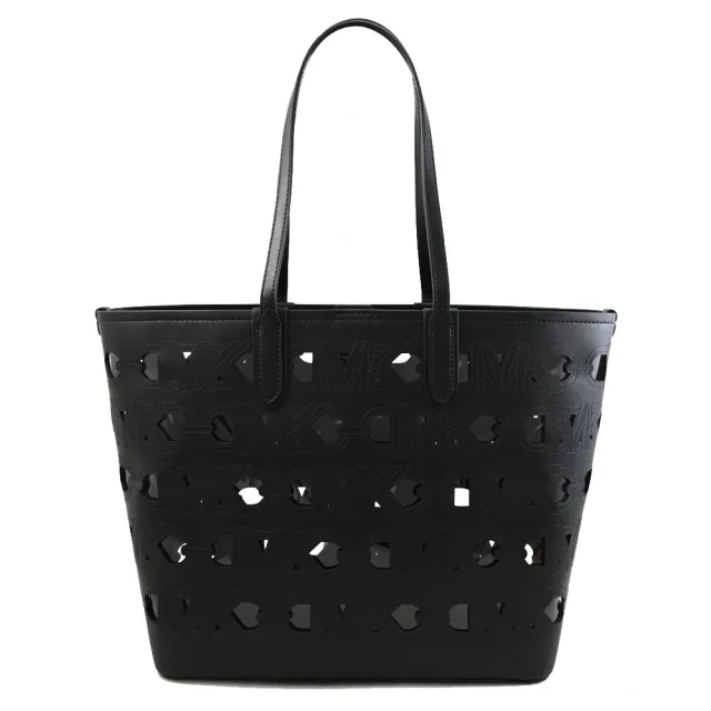 【Michael Kors】ELIZA 品牌MK車線穿孔洞洞皮革肩背包托特包(黑)