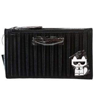 【KARL LAGERFELD 卡爾】KL 貓咪公仔對開拉鍊零錢包 卡包(黑色)