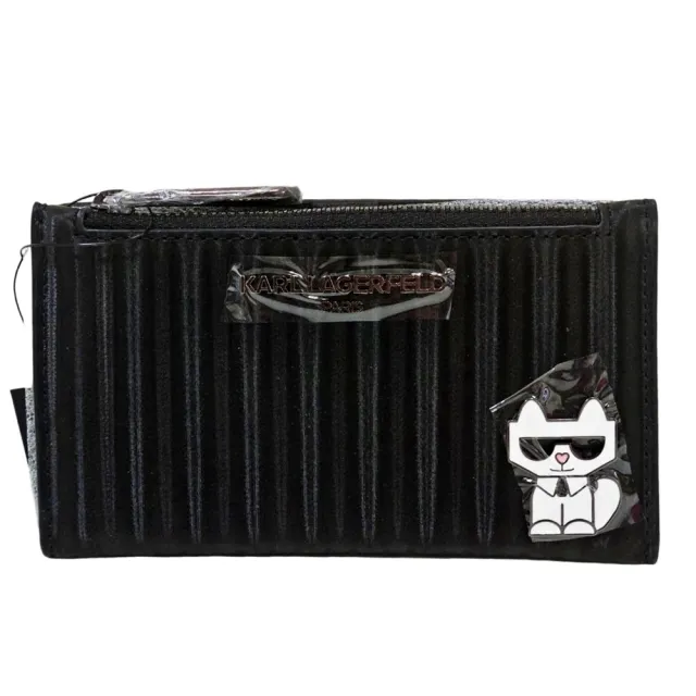 【KARL LAGERFELD 卡爾】KL 貓咪公仔對開拉鍊零錢包 卡包(黑色)