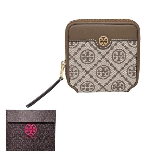 【TORY BURCH】TB T Monogram 老花織布拉鍊零錢袋短夾(咖啡/贈原廠紙袋)