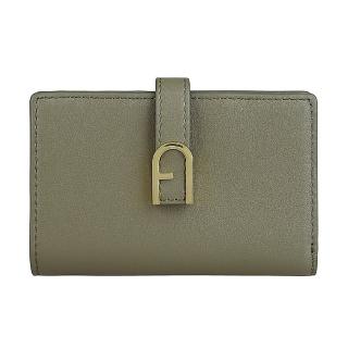 【FURLA 芙拉】FURLA FLOW拱門LOGO扣帶小牛皮6卡壓釦對折中夾(小/鼠尾草綠)