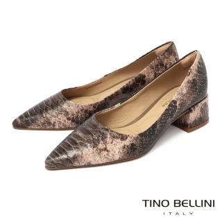 【TINO BELLINI 貝里尼】巴西蛇皮紋尖頭低跟包鞋FWCT038-9(淺灰紋)