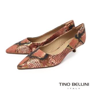 【TINO BELLINI 貝里尼】巴西仿蛇紋尖頭低跟包鞋FWCV040-7(粉紅紋)