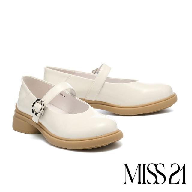 【MISS 21】甜酷花花寬帶全真皮瑪莉珍大頭厚底鞋(白)