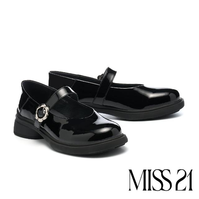 【MISS 21】甜酷花花寬帶全真皮瑪莉珍大頭厚底鞋(黑)