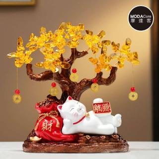 【摩達客】開運招財☆金銅錢發財樹紅色躺賺招財貓福袋擺飾(客廳/玄關臥室/好風水/好運勢)