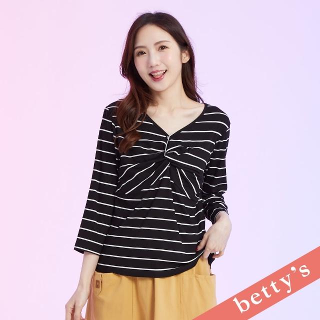 【betty’s 貝蒂思】胸前扭轉打結條紋V領T-shirt(黑色)