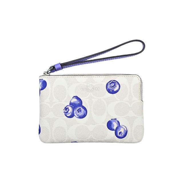 【COACH】白色C Logo PVC藍莓印花拉鍊萬用手拿包