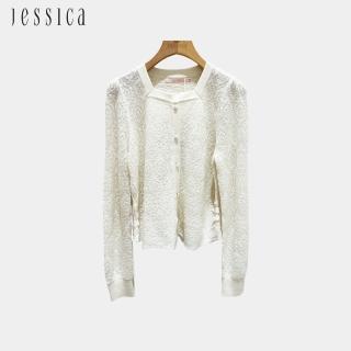 【JESSICA】氣質甜美小方領緹花羊毛針織上衣外套（米）J44502