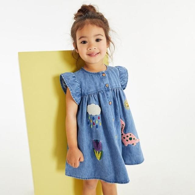 【Baby 童衣】女童軟牛仔裙 女孩卡通刺繡連身裙 夏季兒童可愛花邊袖牛仔洋裝 寶寶裙子 89101(共１色)