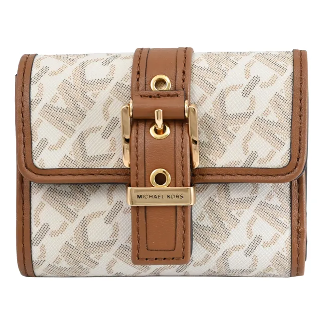 【Michael Kors】COLBY 金屬LOGO皮帶穿扣造型三折零錢短夾(白咖)