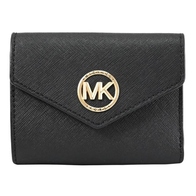 【Michael Kors】簡約經典圓標LOGO信封造型三折扣式零錢短夾(黑金)