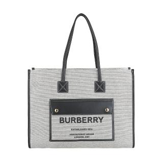 【BURBERRY 巴寶莉】BURBERRY Freya黑字LOGO正面檔案夾設計帆布邊飾小牛皮釦式手提肩背托特包(中/炭灰x黑)