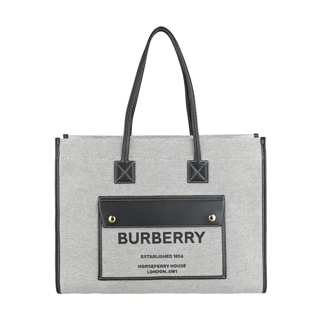 【BURBERRY 巴寶莉】BURBERRY Freya黑字LOGO正面檔案夾設計帆布邊飾小牛皮釦式手提肩背托特包(中/炭灰x黑)