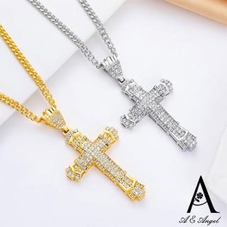 【ANGEL】皇冠十字架滿鑽華麗街頭中性項鍊(2色可選)