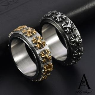 【ANGEL】復古花漾鈦鋼十字可旋轉高雅戒指(2色戒圍可選)
