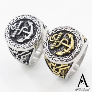 【ANGEL】龐克骷髏海軍圖章中性潮流不鏽鋼戒指(3色戒圍可選)