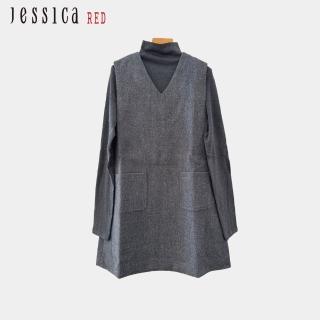 【Jessica Red】氣質百搭立領配無袖V領兩件式羊毛洋裝（灰）R44703