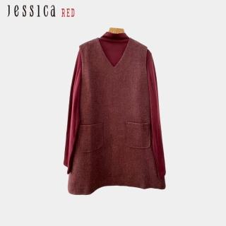 【Jessica Red】氣質百搭立領配無袖V領兩件式羊毛洋裝（紅）R44703