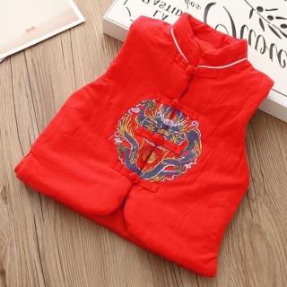 【橘魔法】中國風刺繡龍騰盤扣鋪棉背心(大童 新年 過年 背心 馬甲 唐裝 大紅 旗袍背心 男童 兒童 童裝)