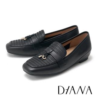 【DIANA】真皮車線方頭平底樂福鞋(黑色)