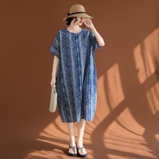 【AKARA】日系藝文綿麻藍印連身短袖洋裝(春夏 涼感 棉麻 寬版均碼 中大尺碼)