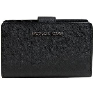 【Michael Kors】MK JET SET TRAVEL防刮皮革釦式中夾/MK中夾(黑-銀)