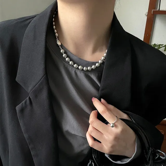 【LEESA】灰珍珠\個性項鍊\珍珠項鍊\項鍊\女生飾品\銀元寶\韓版\項鍊女\簡約ins風\韓國飾 