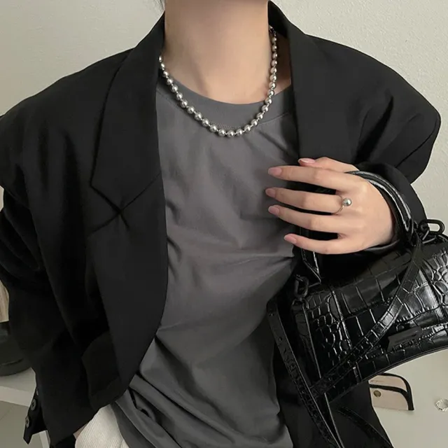 【LEESA】灰珍珠\個性項鍊\珍珠項鍊\項鍊\女生飾品\銀元寶\韓版\項鍊女\簡約ins風\韓國飾