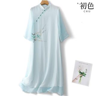 【初色】新中式國風純色印染立領長袖七分袖禪意旗袍A字裙中長裙連衣裙連身洋裝-淺藍色-10607(M-2XL可選)
