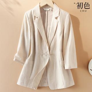 【初色】復古亞麻純色修身顯瘦短款西裝領長袖七分袖西裝外套女外套-共2色-10580(M-2XL可選)