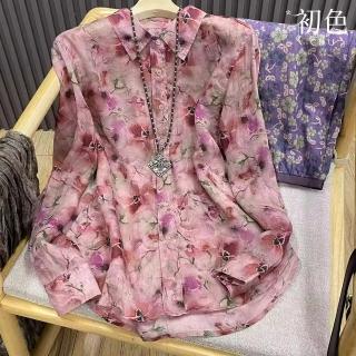 【初色】文藝棉麻水墨印花寬鬆顯瘦單排扣袖釦立領長袖襯衫上衣女上衣-共2色-10590(M-2XL可選)