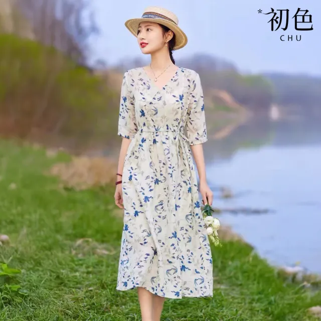 【初色】棉麻風V領五分袖碎花收腰中長連衣裙連身洋裝-共2色-10598(M-2XL可選)（其他規格）