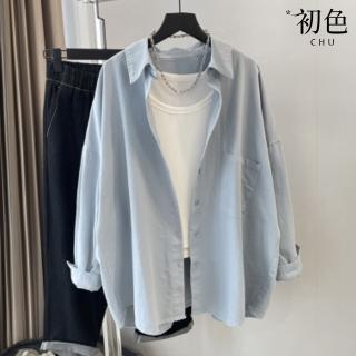 【初色】休閒風寬鬆純色排扣胸口袋POLO領長袖襯衫上衣女上衣-共3色-37226(M-2XL可選)
