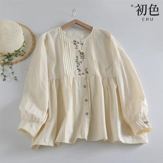 【初色】森林系純色圓領刺繡寬鬆長袖襯衫上衣女上衣-共2色-10539(M-2XL可選)