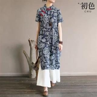 【初色】民族風棉麻印花盤扣斜襟圓領短袖中長連衣裙連身洋裝-花色-10594(M-2XL可選)