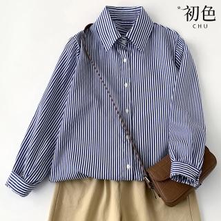 【初色】棉麻通勤藍白條紋單排釦襯衫長袖上衣女上衣-藍色-10540(M-2XL可選)