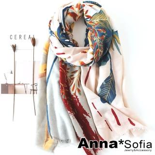 【AnnaSofia】保暖柔軟棉麻感披肩圍巾-彩映疊葉流蘇邊 現貨(灰米底系)