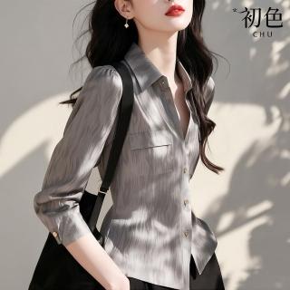 【初色】灰色樹紋簡約顯瘦休閒通勤翻領長袖襯衫上衣女上衣-灰色-10669(M-3XL可選)