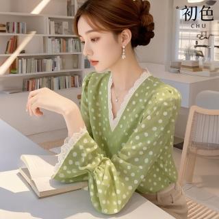 【初色】法式輕奢圓點印花拼接蕾絲V領長袖襯衫小衫上衣女上衣-綠色-10647(M-2XL可選)