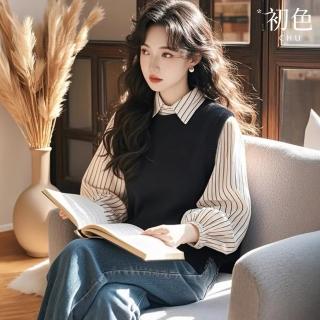 【初色】韓系氣質條紋拼接假兩件POLO領長袖打底衫襯衫上衣女上衣-黑色-10675(M-XL可選)