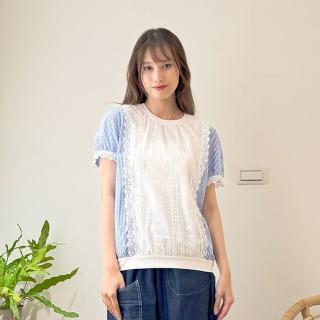 【Hana Mokuba】花木馬日系女裝圓領鏤空蕾絲花邊拼接格紋上衣(蕾絲格紋上衣)