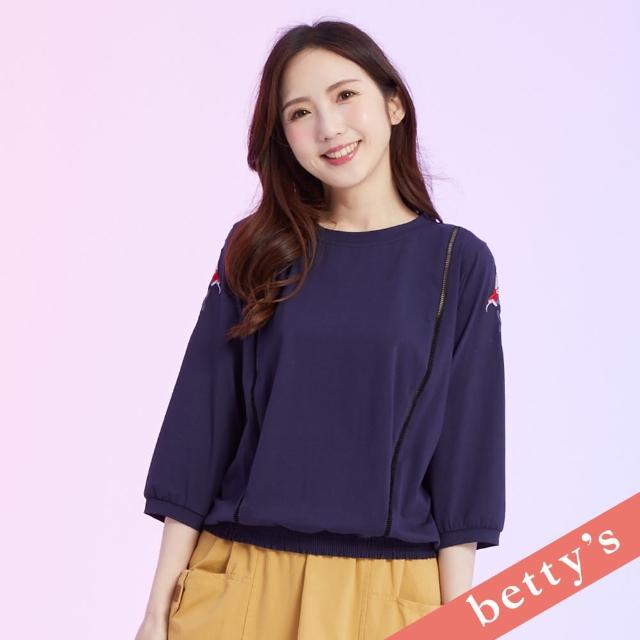 【betty’s 貝蒂思】小鳥刺繡鏤空蕾絲七分袖T-shirt(深藍)