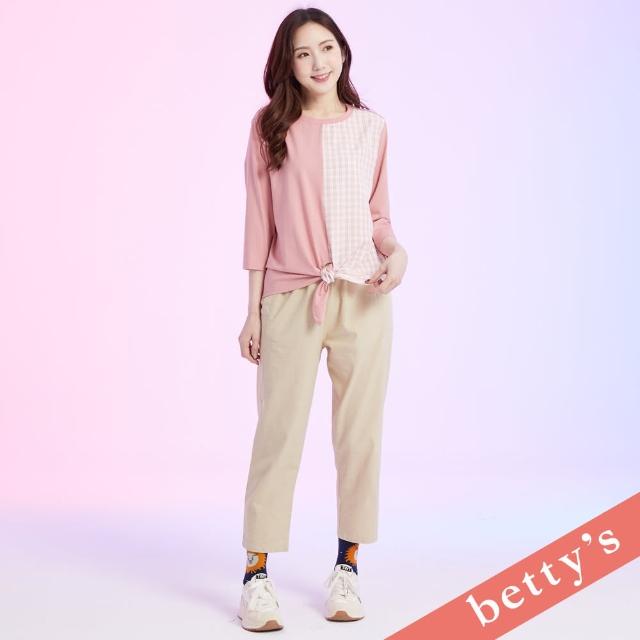 【betty’s 貝蒂思】格紋拼接下襬綁帶七分袖T-shirt(粉色)